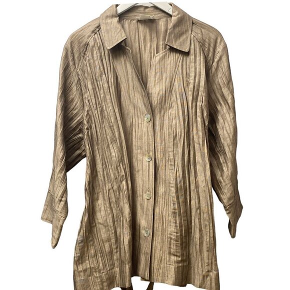 KATE HILL Jacket Plus Size 20W Linen Blend Tan Crinkle Belted Artsy Top - Picture 3 of 10